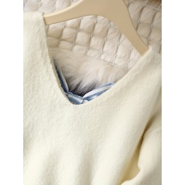 [Cozy Sweater] Cozy Long Sleeve V-Neck Sweater with Back Bow Detail | Women's Light Gray Polyester Blend Casual Fall/Winter Top, Machine Washable