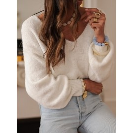 [Cozy Sweater] Cozy Long Sleeve V-Neck Sweater with Back Bow Detail | Women's Light Gray Polyester Blend Casual Fall/Winter Top, Machine Washable