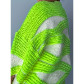 Women'S Sweater - Neon Green & White Color Block Pullover, Loose Fit Long Sleeve Sweater for Everyday & Formal Outfits, All-Season Layering Essential for Women, Vacation Outfit, Youthful Fashion, Quality Stitching, Stylish Top, Fashion Lovers