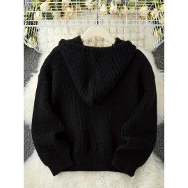 Women's Casual Oversized Hooded Cardigan - Thickened Winter Sweater with Double Zipper Front, Ribbed Cuffs & Hem, Earthy Brown, Medium Stretch for Fall & Winter Layering