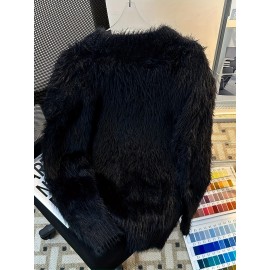 Korean Style Round Neck Sweater with Lazy Casual Metal Design Warm Faux Fur Pullover