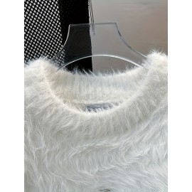 Korean Style Round Neck Sweater with Lazy Casual Metal Design Warm Faux Fur Pullover