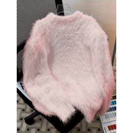 Korean Style Round Neck Sweater with Lazy Casual Metal Design Warm Faux Fur Pullover