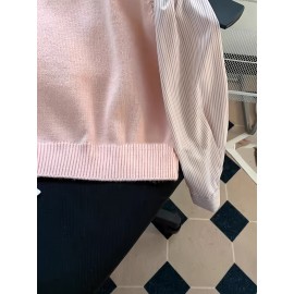 Women's Elegant Collar Sweater - Two-in-One Mock Layering Design, All-Season Office & Formal Events Sweater in Grey & Blue Horizontal Stripes, Non-Transparent Sweater for Women, Ladies Sweaters, Comfortable Fit