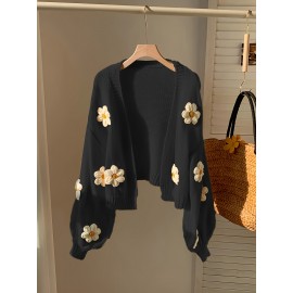 [Floral Cardigan for Women] Floral Pattern Women's Beige Cardigan - Long Sleeve Sweater with Round Neck for Spring/Fall Layering | Everyday & Formal Outfits, Lightweight Fabric, Textured Knitwear, Durable Knitwear, Office Wear, Fall Wardrobe