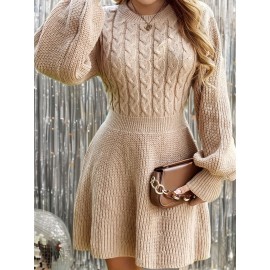 1pc Elegant French-Inspired Acrylic Knit Fabric A-Line Sweater Dress with Solid Color and Crew Neck Design