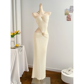 [Elegant Mermaid Dress] Elegant White Mermaid Dress | High-Waisted, Metallic Accent, Ruched Detailing - Perfect for Beach and Holiday Season