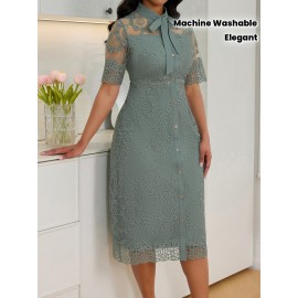 Women's Elegant Embroidered Lace Slim-Fit Midi Dress with Lace-Up Front & Short Sleeves - Machine Washable A-Line Silhouette for All-Season Wear, HRYY284
