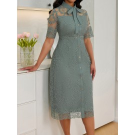 Women's Elegant Embroidered Lace Slim-Fit Midi Dress with Lace-Up Front & Short Sleeves - Machine Washable A-Line Silhouette for All-Season Wear, HRYY284