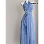 Blue Vacation Style French Floral Waist-Cinched Halter Neck Sleeveless Backless Chiffon Maxi Dress for Women, Summer
