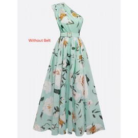 Women'S Elegant Floral maxi dress - One Shoulder Formal & casual party, Wedding Guest Gown - Lightweight Chiffon A-Line Dress with Flowy Train - Spring/Summer/Fall Evening Outfits - LL168, Spring Fashion, Asymmetrical Hemline, Delicate Detailing