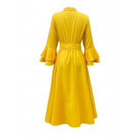 Elegant Yellow Ruffle Sleeve Blouse Dress for Women - Long Sleeve, Button-Up, Tie Waist, A-Line Silhouette, Perfect for Spring & Fall Parties, Party Dress | Ruffle Sleeve Dress | Polyester Fabric