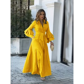Elegant Yellow Ruffle Sleeve Blouse Dress for Women - Long Sleeve, Button-Up, Tie Waist, A-Line Silhouette, Perfect for Spring & Fall Parties, Party Dress | Ruffle Sleeve Dress | Polyester Fabric
