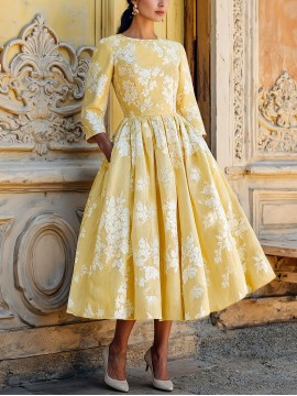 Women's Elegant Maxi Dress - Mustard-Yellow Floral print A-Line long dress, Non-Stretchy fabric for Formal & Casual Events, Office, Parties - All-Season Women's Clothing