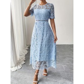 Women'S Elegant Long Formal/semi-formal Dress - Flowy A-Line Party Wedding Guest Gown, Round Neck Short Sleeve Evening Dress for Women, Special Occasion, Feminine Design, Delicate Lace, Lace Detailing, Bridal Guest