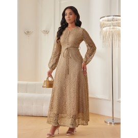Women's Elegant Beige V-Neck Long Sleeve Dress with Puff Sleeves & Adjustable Waist Tie - A-Line Silhouette Floor-Length Formal Party Wedding Guest Dress, Machine Washable Solid Color HRYY332, Evening Gown, Highquality Material, Tailored Fit, Adult Women