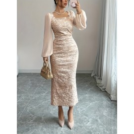 Elegant Long Sleeve Beaded Square Neck Dress - Chic Floral Pattern, High-Low Hem, Stretchy Polyester Blend, Perfect for Spring/Summer, Women'S Fashion, Cute Dress