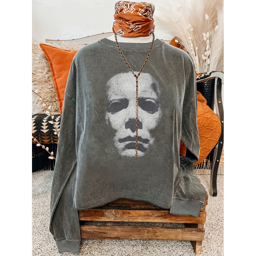 0807 Circle, 1pc Casual Women'S Sweatshirt, Round Neck, Long Sleeve, Halloween Print, Suitable for Autumn and Winter as well as All Seasons, Women'S Clothing, Halloween Clothing | Halloween Print Top | Construction, Halloween Costumes