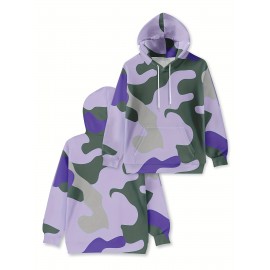 Women's Full-Body Pink & Green Camo Sweatshirt - Long Sleeve Hoodie with Drawstring Hood, Stretchy Polyester Pullover for Casual Streetwear, Everyday Outfits - Machine Washable Women's Clothing, Spring Autumn Apparel, Comfortable Fit
