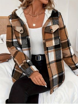 Women'S Casual Plaid Fleece-Lined Hooded Regular Jacket with Brushed Plaid and Hooded Shirt