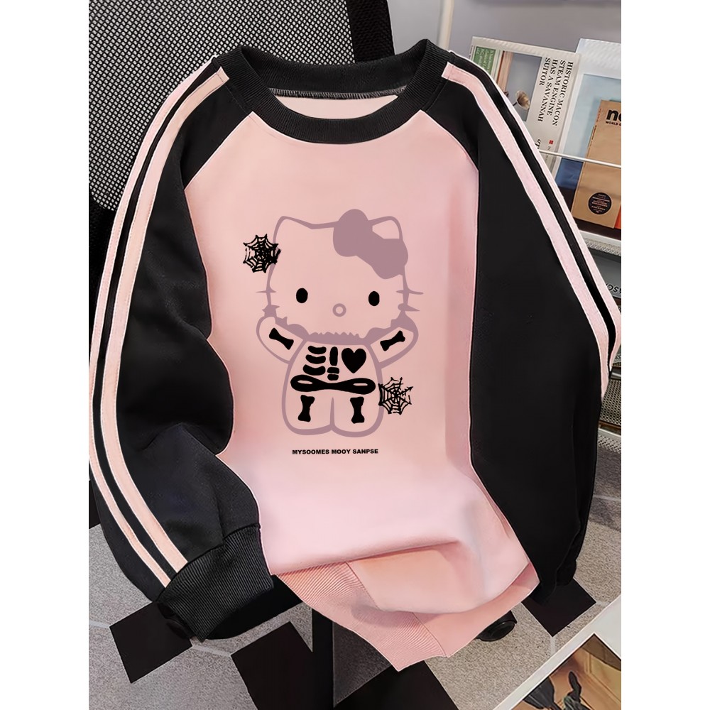 Sanrio Women's New American Trendy Hello Kitty Spider Web Print Long Sleeve Round Neck Loose Fit Casual Fashionable Color Block Top