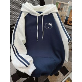 Women'S Autumn/Winter New American Sanrio for hello kitty Cute Print Long Sleeve Hooded Fleece-Lined Sweatshirt with Color Block Design, Loose Fit Casual Fashionable Trendy Pullover Top