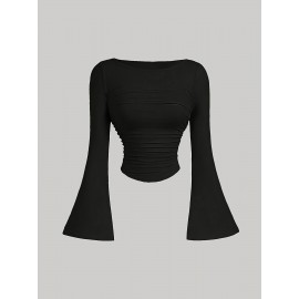 [3pcs Ruffle Blouses] 3pcs Women's Long Sleeve Ruffle Detail Blouses - Crew Neck Button-Up T-Shirts in Black, Burgundy & White | Fall/Winter Casual Wear | Glossy Texture