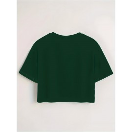 Women's Sexy Slim Fit Cropped T-Shirt - Dark Green joyful Face Tee, Machine Washable Casual Summer Top for Everyday Outfits & Parties, Ladies T Shirts, Weekend Fashion, Trendy Tee, Soft Texture, Short Sleeve Shirt, Fashion Lovers