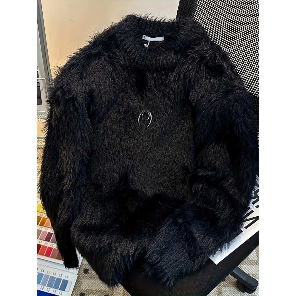 Korean Style Round Neck Sweater with Lazy Casual Metal Design Warm Faux Fur Pullover