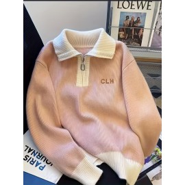 Women's Elegant Collar Zip-Up Sweater - Soft Long Sleeve Letter Detail Pullover, Cozy Fall Winter Machine Washable Casual Chic Tops, Cute Sweaters, Autumn Apparel, Subtle Color Contrast