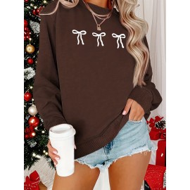 [Cozy Plus Size Sweatshirt] Polyester Plus Size Women's White Bow Print Sweatshirt - Cozy, Comfortable, Machine Washable Fall & Winter Pullover with Digital Butterfly Design