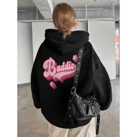 letter print hoodie, drawstring casual hooded sweatshirt for winter & fall, Women's clothing