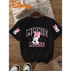 Disney Minnie Mouse 32nd Birthday T-Shirt - Black Casual Short Sleeve Tee with Pink Bow & Red Accents, Lightweight Polyester, Perfect Gift for Disney Fans, Spring/Summer Wear, Disney Shirts