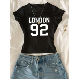 Women's White Crop T-Shirt - London '92 Numeric Graphic Tee - Stretchy Casual Summer Top - Vintage Streetwear Everyday Shirt - Non-See Through Crop Top for Women, Ladies T Shirts, Relaxed Fit Tee, Nontransparent Fabric