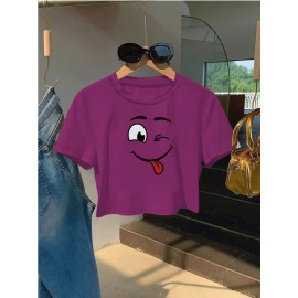 Women's Sexy Slim Fit Cropped T-Shirt - Dark Green joyful Face Tee, Machine Washable Casual Summer Top for Everyday Outfits & Parties, Ladies T Shirts, Weekend Fashion, Trendy Tee, Soft Texture, Short Sleeve Shirt, Fashion Lovers