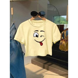 Women's Sexy Slim Fit Cropped T-Shirt - Dark Green joyful Face Tee, Machine Washable Casual Summer Top for Everyday Outfits & Parties, Ladies T Shirts, Weekend Fashion, Trendy Tee, Soft Texture, Short Sleeve Shirt, Fashion Lovers